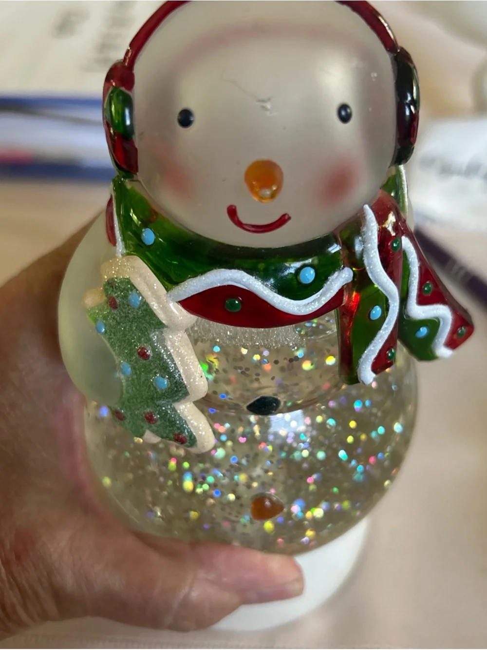 Hallmark Snowman Glitter Globe with Red and Green Accents